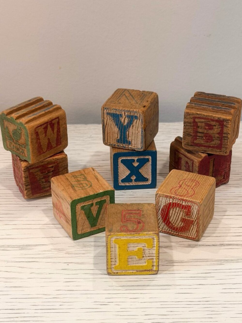 Vintage Lot of 9 Wood Alphabet Building Blocks Children's Wooden Letter Picture
